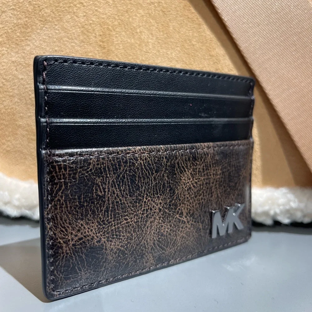 MICHAEL KORS Cyrus Burnished Tall Card Case Chocolate Brown  NWT
